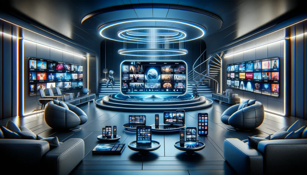 DALL·E 2025-03-18 23.57.57 - A futuristic living room showcasing IPTV streaming across multiple devices like a smart TV, smartphone, tablet, and laptop