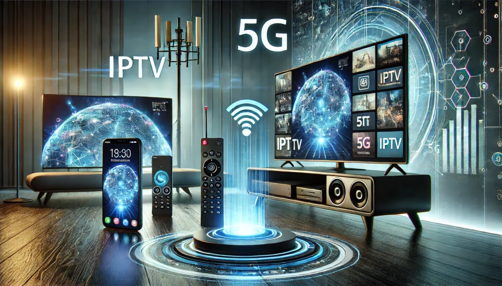 DALL·E 2025-03-19 00.35.32 - A futuristic scene depicting the evolution of streaming technology, showing the transition from traditional cable TV to IPTV and 5G-enabled devices
